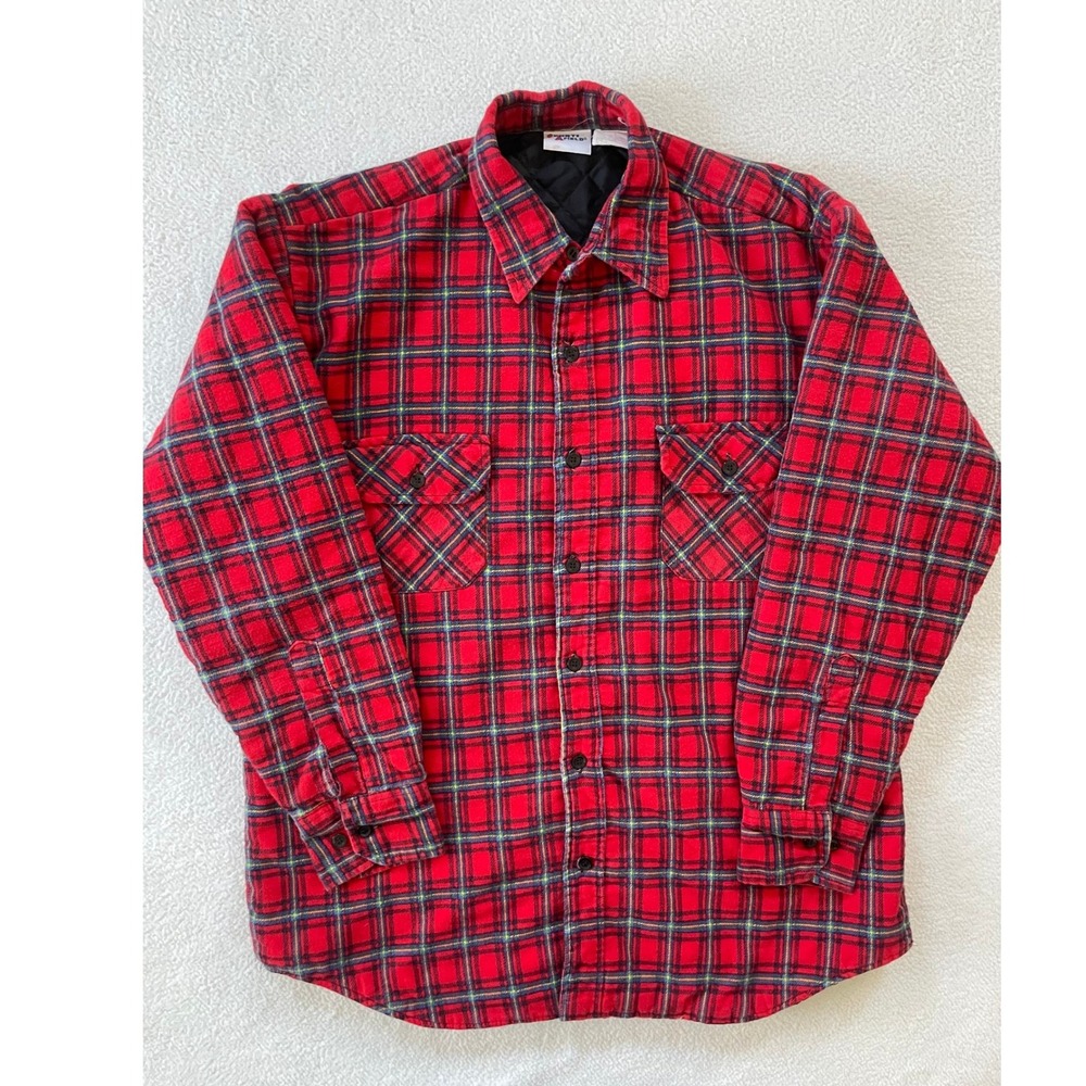 Vintage Sports Afield Quilted Flannel Shirt Jacket Mens L Red Plaid Cotton Lined